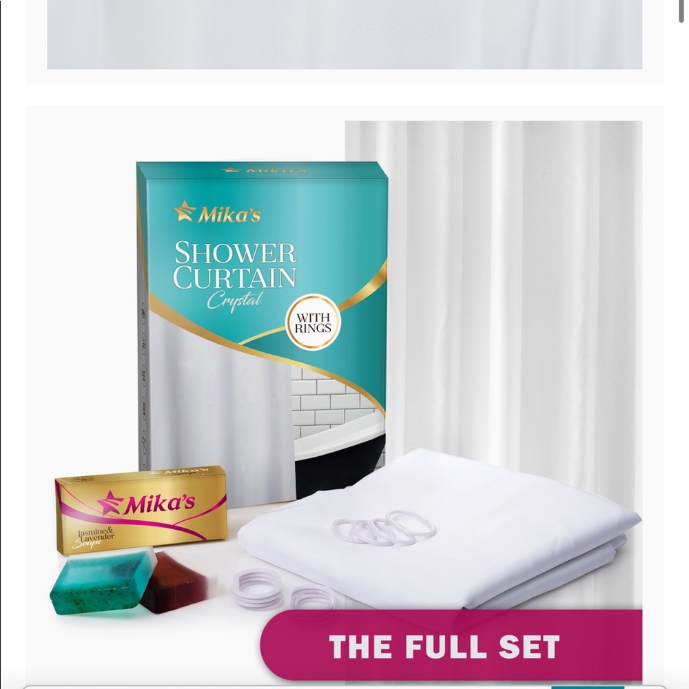 Shower curtain with rings and 2 soaps